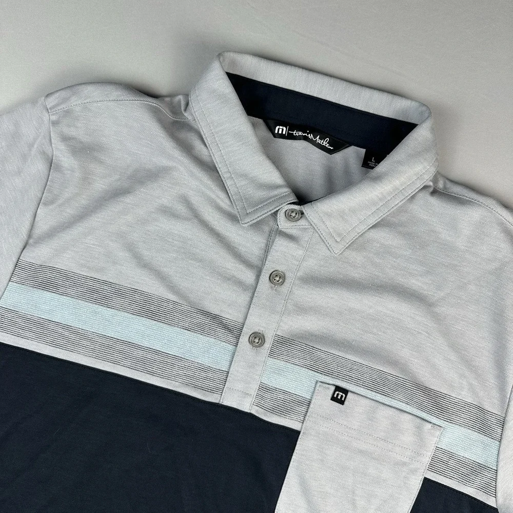 Travis Mathew Men's Striped Polo Shirt, Blue and Gray Embroided Performance Golf - Picture 1 of 6